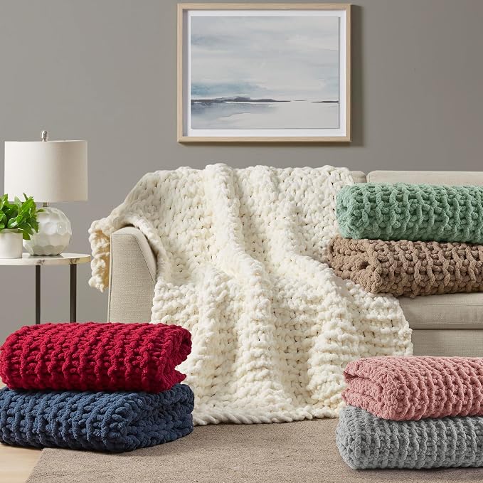 Madison Park Chenille Chunky Knit Handmade Throw Blanket, Luxuriously Soft Gift Blankets, Cottage Style Room Décor, Lightweight & Breathable All Seasons Throw Blanket for Couch, 50" W x 60" L Red