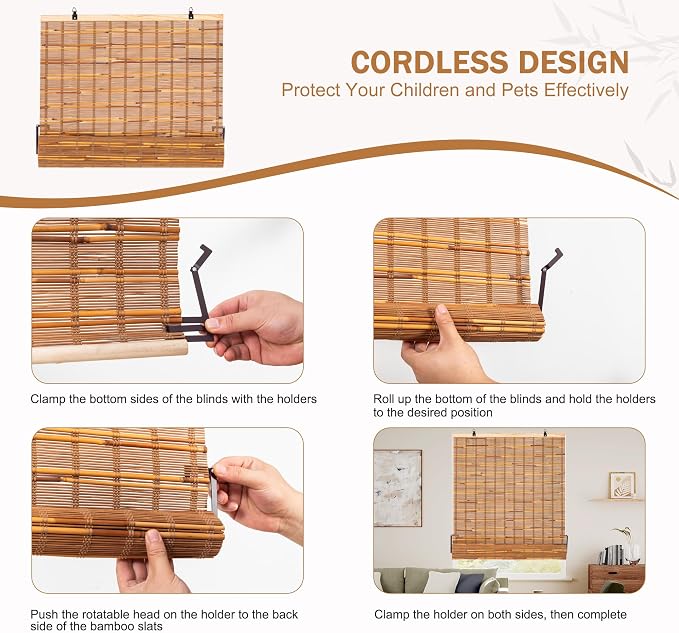 ALIMOO Cordless Bamboo Blinds for Interior Windows, Light Filtering Roll Up Shades Cordless for Indoor Home Patio Porch 48" W x 72" H