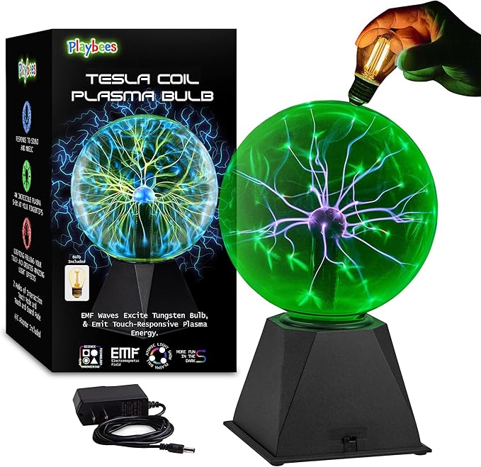 Playbees Green Plasma Ball - 7 Inch - Tesla Coil Bulb Static Electricity in a Vacuum Pressurized Glass Globe, Nebula Thunder Lightning, Plug-in - for Parties, Decorations, Prop, STEM