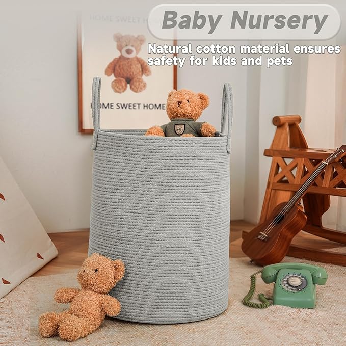 JMvicyroam Large Woven Laundry Basket Hamper,60L Cotton Rope Storage Bin for Blankets,Toys and Clothes,Decorative Tall Nursery Hamper for Living Room,Baby Nursery,Bathroom and Bedroom,Grey