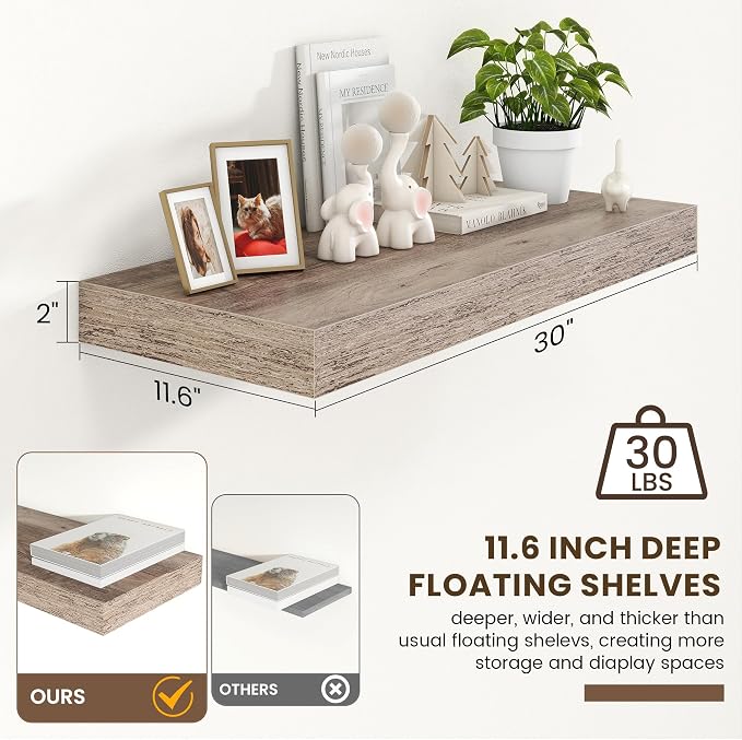 FLYJOE 30'' Grey Floating Shelves, 12 Inch Deep Shelves for Wall Set of 1 | 30'' x 12'' Rustic Grey Wood Shelves for Framhouse Living Room Bathroom Kitchen Laundry Room