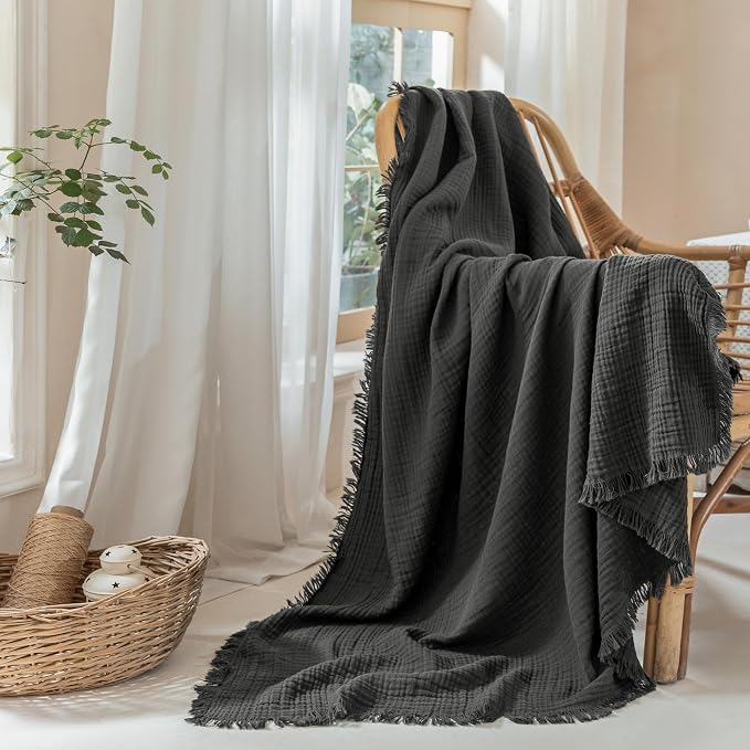 Muslin Fringe Blankets for Adults: 100% Cotton Cloud Soft | 4-Layer Gauze Breathable Lightweight All Season Throw Blanket for Bed Couch Sofa Office