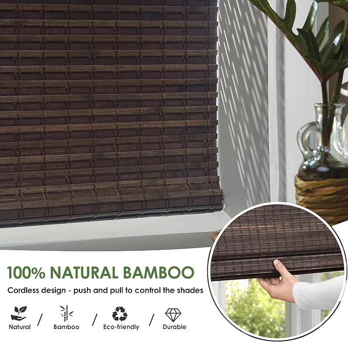 LazBlinds Cordless Bamboo Roman Shades, 35x64, BDP-Espresso | Privacy Blinds for Interior Windows, Room Darkening Roll Up Bamboo Blinds for Home & Patio