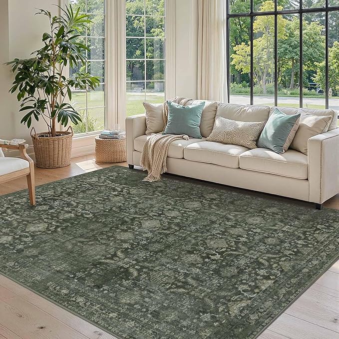 Rugxara 5x7 Area Rugs for Living Room Bedroom, Washable Rug, Green Vintage Floral Boho Rug, Non Slip & Low Pile Faux Wool Thin Carpet for Indoor Dining Room and Kids Room(Green 5x7ft)