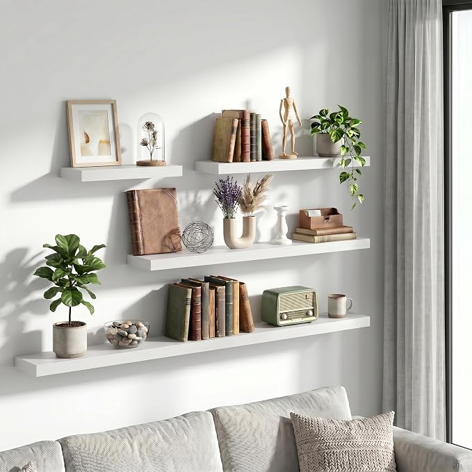 Vivelove 36 Inch Floating Shelves Wall Mounted for Display, 6.5 Deep Duty Shelves with Invisible Brackets for Living Room,Bedroom,Kitchen, Bathroom Storage & Decor,36" Wx6.5 Dx1.4 H - White