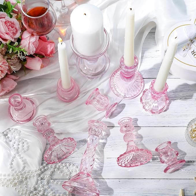 Mumufy 10 Pcs Glass Crystal Taper Candle Holders Clear Glass Candlestick Holder Fit 0.8 Inch Candles Crystal Decorative Candle Stand Centerpiece Table Wedding Dining Party (Classic,Pink)