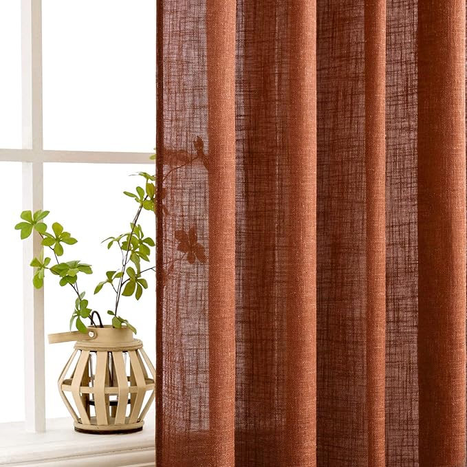 MIULEE Burnt Orange Linen Curtains for Bedroom Living Room, Soft Thick Linen Textured Window Drapes Terracotta Rust Fall Decor Semi Sheer Light Filtering Rod Pocket Back Tab, 2 Panels, 37x84 Inches