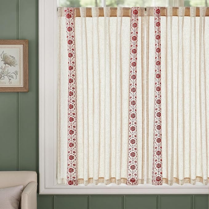jinchan Red Floral Embroidered Linen Kitchen Curtains 54×45 Inch 2 Panels | Light filtering, back tab, rod pocket, cafe curtains for kitchen bedroom living room, cottage farmhouse, small window