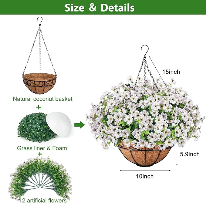 Ouddy Decor Artificial Hanging Flowers with Basket, Fake Hanging Plants with Faux Silk Flowers UV Resistant for Outdoors Indoors Spring Summer Porch Patio Balcony Yard Home Decorations, White