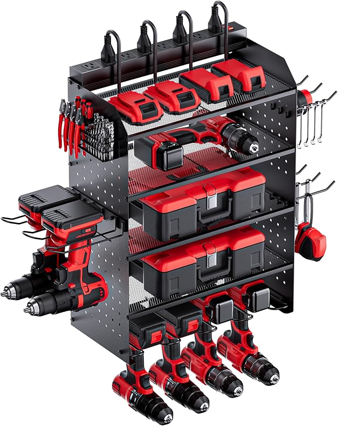 TRZZ Power Tool Organizer Wall Mount, 5-Layer Charging Station with 8 Outlets, 6 Drill Holders, 2 Side Pegboards, and Drill Bit Rack for Garage, Workbench, and Workshop (Black)