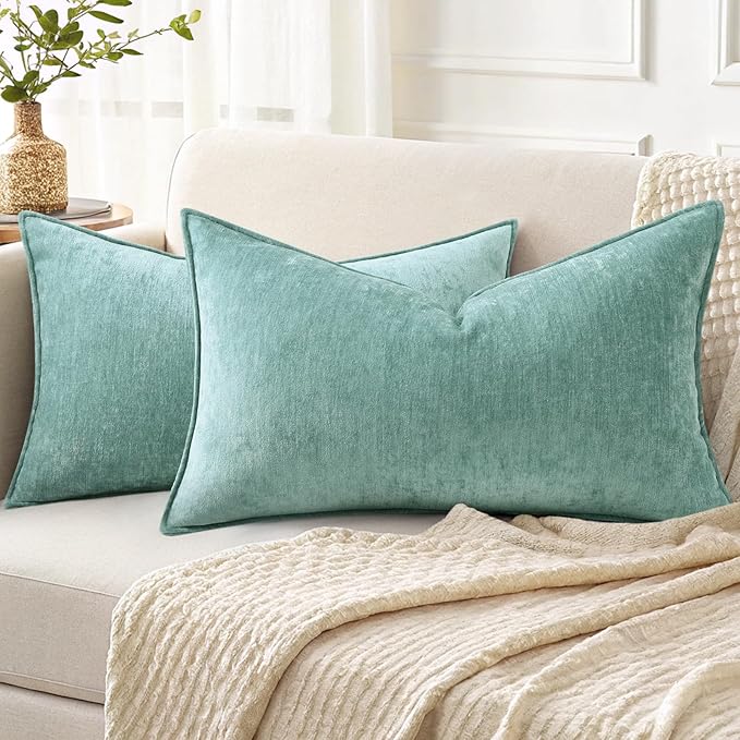 decorUhome Summer Couch Throw Pillow Covers 12x20 Set of 2, Decorative Soft Velvet Modern Cozy Chenille Lumbar Pillow Cases with Elegant Design for Sofa Bed Living Room Home Decor, Aqua Haze