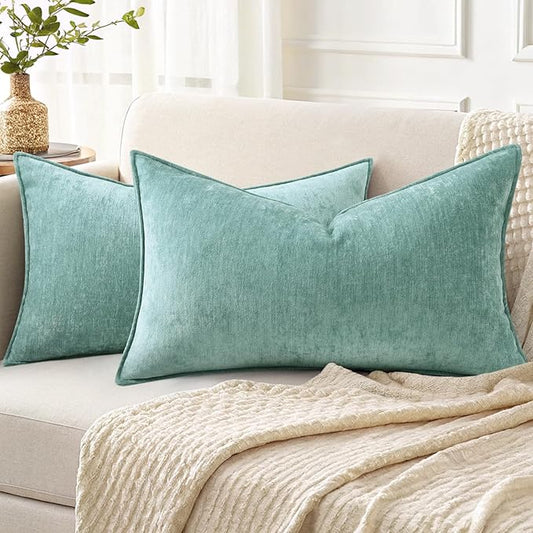 decorUhome Summer Couch Throw Pillow Covers 12x20 Set of 2, Decorative Soft Velvet Modern Cozy Chenille Lumbar Pillow Cases with Elegant Design for Sofa Bed Living Room Home Decor, Aqua Haze