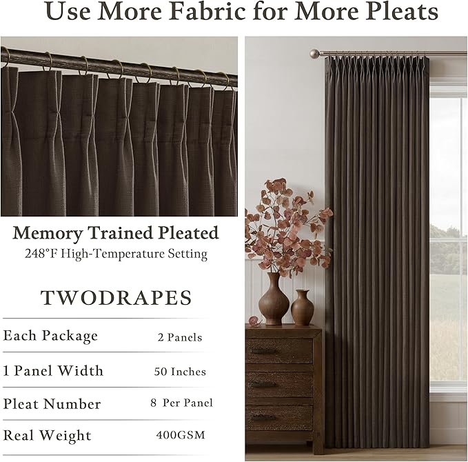 Dark Chocolate 80 Inch Pinch Pleated Linen Curtains 2 Panels Set for Living Room Bedroom Boho Farmhouse Light Filtering Semi Sheer Back Tab Pinch Pleat Hooks Rings Window Curtain 80 Inches Long