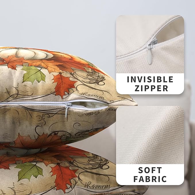 Fall Pillow Covers 20x20 Set of 2 Maple Leaves Pumpkin Pillow Covers Autumn Harvest Pillowcase Thanksgiving Vintage Cushion Case for Home Decor Couch Sofa