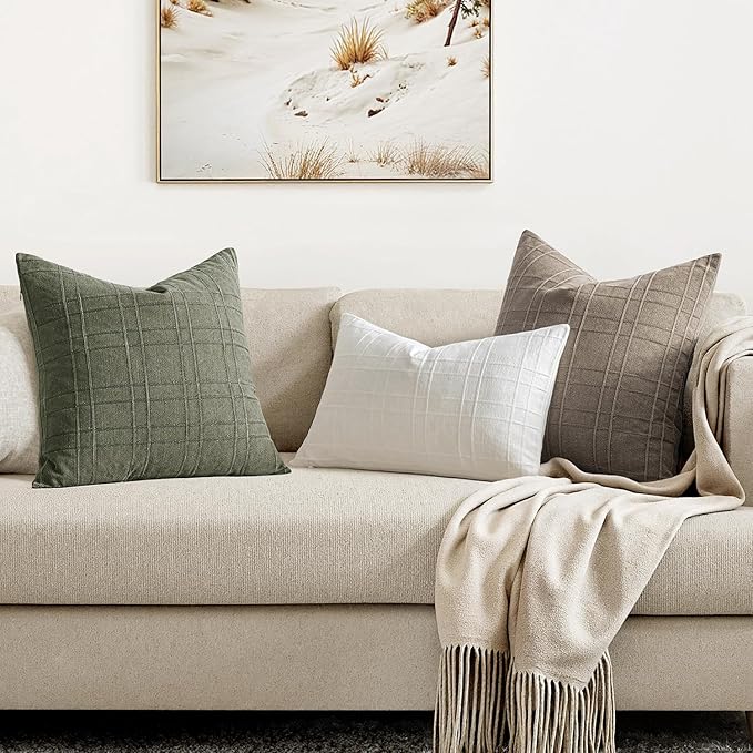 MIULEE Decorative Linen Check Euro Shams Throw Pillow Covers Neutral Farmhouse Vintage Pillow Covers 28x28 Set of 2 Boho Modern Winter Home Decor for Sofa Couch Bedroom Cushion Tan Taupe