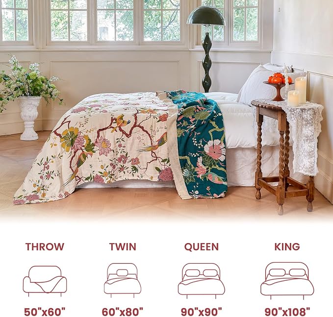 MSGKV The Boho Layer: 50"x60" Cotton Throw Blanket – Lightweight & Reversible Chinoiserie Floral & Bird Pattern, Summer Decorative Accent for Couch Snuggles, Bed Layers & Road Trips