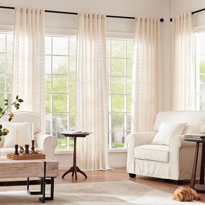 jinchan Boho Curtains Linen Blend Ivory Farmhouse Curtains 84 Inches Long for Living Room Square Embroidered Bordered Back Tab Living Room Window Light Filtering Bohemian Drapes 2 Panels