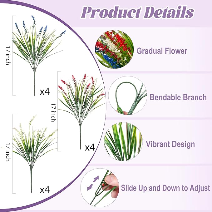 Ammyoo Artificial Faux Plants for Outdoor Spring Decoration, 12 Pcs Fake Monkey Grass for Garden Porch Balcony Planters, Fake Flowers Shrubs UV Resistant No Fade Plants Greenery Bush (Red Blue White)