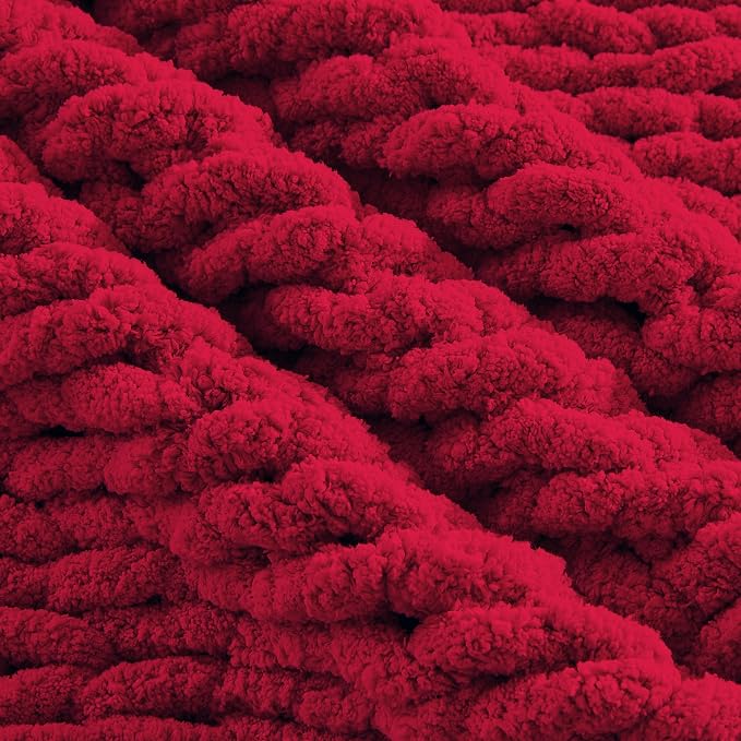Carriediosa Chunky Knit Throw Blanket 60" X 80" Twin, 100% Hand Made Large Chenille Loop Yarn Soft Fluffy Throws for Couch Sofa Bed, Big Crochet Cozy Heavy Thick Cable Woven Blankets, Red