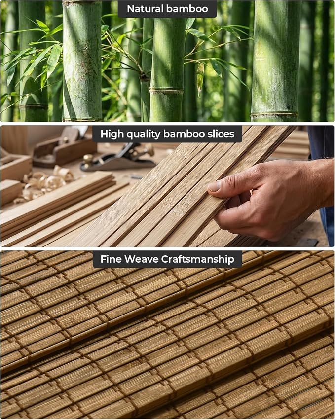 UNISHADES No Drill Cordless Bamboo Roman Shades, 26×48 in, Highfield Teak | Room Darkening Top Down Bottom Up Window Blinds for Indoor Windows