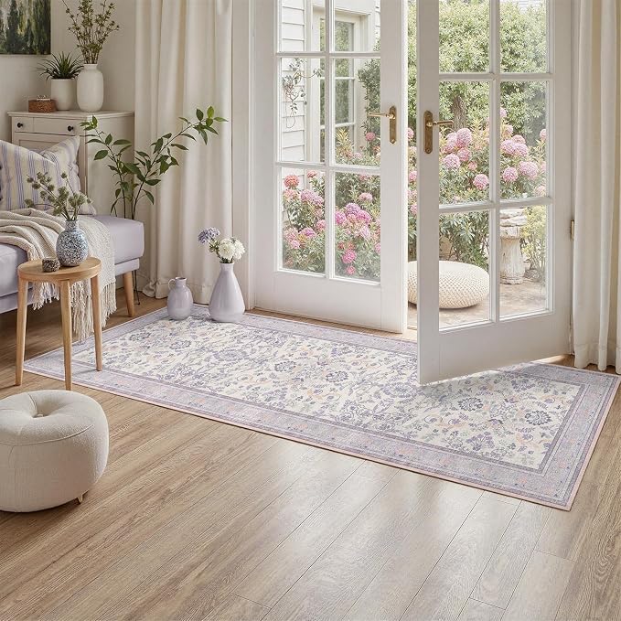DCX Purple Floral 2x6 Runner Rug, Washable Rug with Flowers Non Slip Backing Hallway Runner Rug Carpet for Entry Office Nursery Soft Low Pile Stain Resistant