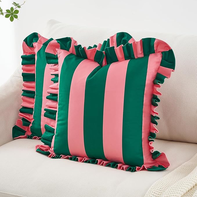 MONDAY MOOSE Decorative Throw Pillow Covers, Set of 2 Water-Resistant Striped Design with Ruffle Edge for Outdoor/Indoor Use, Pillow Inserts Not Included (20x20 inch, Pink/Dark Teal)
