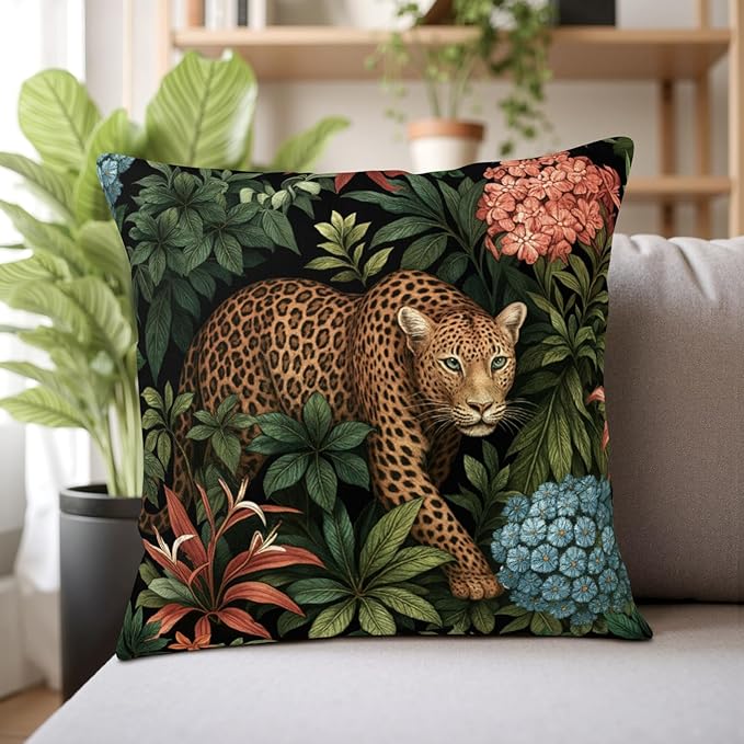 Tropical Jungle Leopards Pillow Covers 18x18 Set of 2 Brown and White Cheetah Throw Pillow Covers Summer Animal Print Pillowcases Hawaiian Tropical Plants Cushion Cases for Home Decor