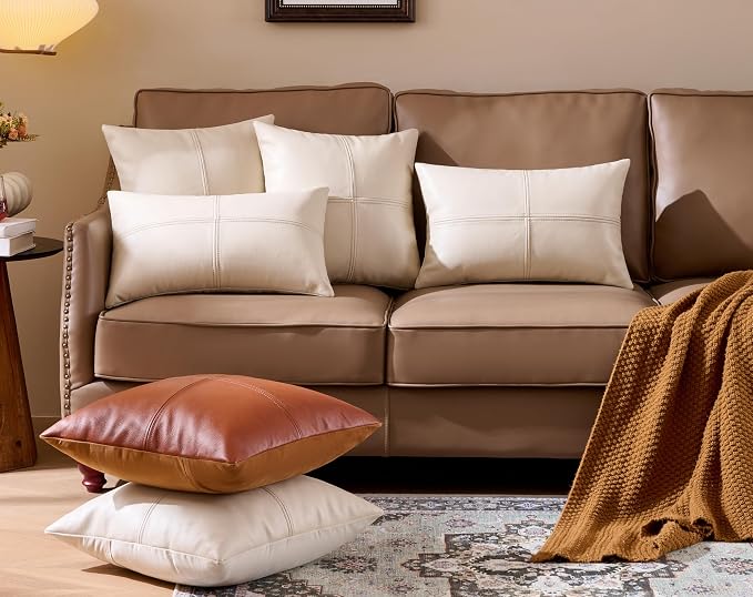 Full Grain Leather Throw Pillow Cover (18" x 18") (Cream) | Cowhide Sofa Cushion Case Thick Genuine Leather Throw Pillow for Living Room Bedroom and Home Office, Pack of 1, Cover Only
