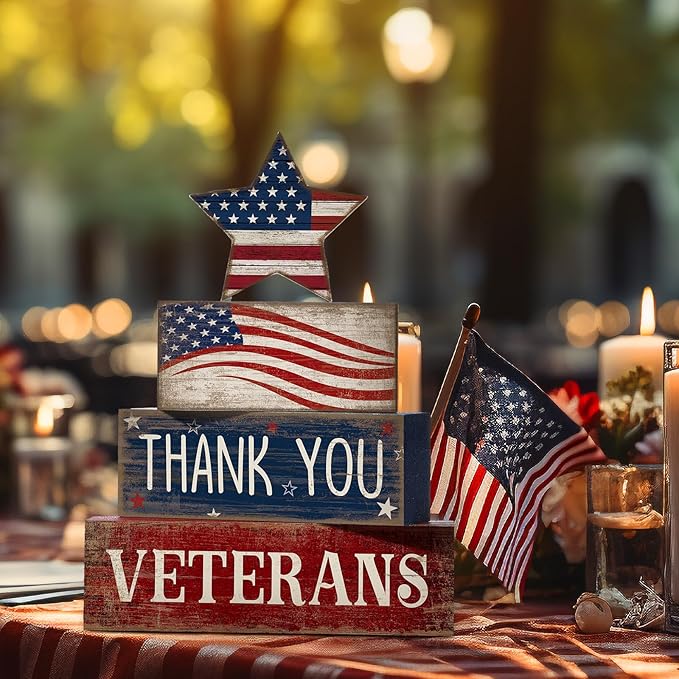 CroBlissful 4 Pcs Memorial Day Decorations Patriotic 4th of July Tabletop Decorations Red White Blue Table Centerpieces Star Sign for Office Tiered Tray Home Shelf 250th Anniversary