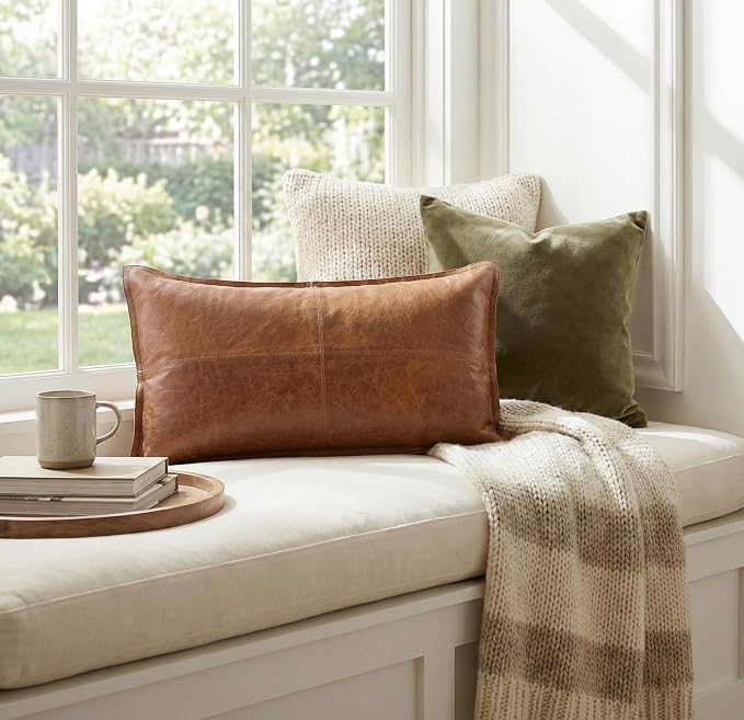 Genuine Leather Pillow Cover Case for Lumbar Throw Couch Pillows - Modern Farmhouse Decorative Sofa Thick & Soft Cushion Covers (Brown, 12" x 20")