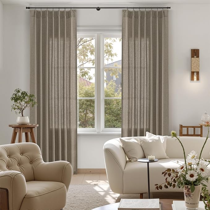 Dark Taupe Pinch Pleated Linen Curtains 90 Inches Long Vintage Neutral Country Semi Sheer Textured Linen Blended Light Filtering Curtain for Living Room Bedroom Pleated Drapes with Hooks Rings 40x90