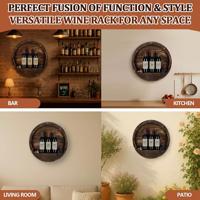 Colingmill 19.7 x 5.9 in Whiskey Barrel Decor Shelf Rustic Wall Mounted Bourbon Wooden Floating Hand Wine Rack Oak Barrel Wine Bottle Holder Display Stand Vintage Bar (Black Poplar)