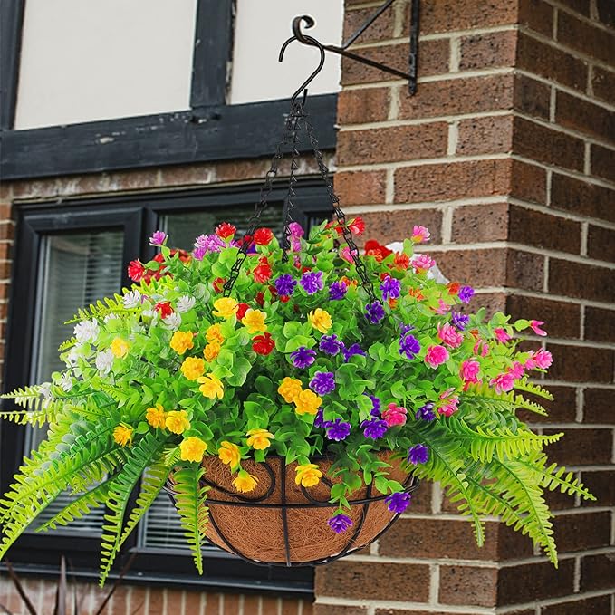 Artificial Fake Hanging Plants Flowers Basket for Outdoor Spring Summer Decorarion, UV Resistant Faux Rose Eucalyptus Boston Ferns Plants for Indoor Outside Garden Porch Patio Balcony Decor
