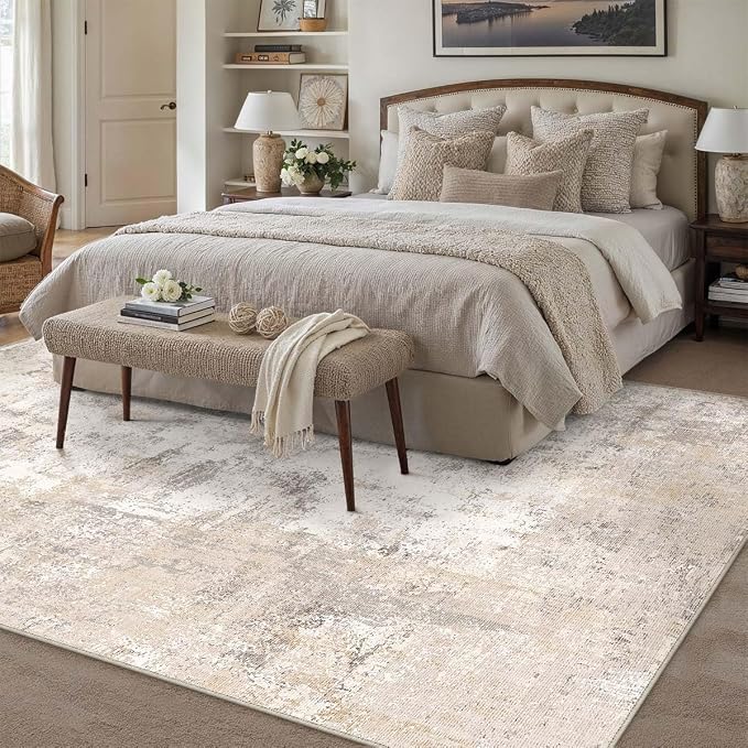 8x10 Washable Area Rug Beige Grey Abstract Non Slip Soft Medium Pile Rug for Living Room Bedroom Dining Room Office Neutral Modern Indoor Throw Carpet for Home Decor