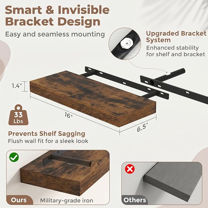 Venusmiles Floating Shelves for Wall, 16 Inch Floating Shelves Set of 2, 6.5" D Wooden Wall Mounted Display Shelves with Invisible Brackets for Living Room, Bedroom, Bathroom, Kitchen Decor, Brown