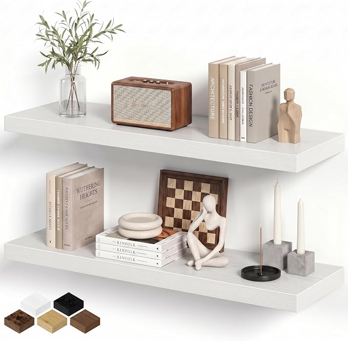 Fun Memories Floating Shelves for Wall, 32W x 8D Floating Wall Shelves with Invisible Brackets Set of 2, Hanging Rustic Wood Shelf Decoration for Bedroom, Bathroom, Living Room and Kitchen, White