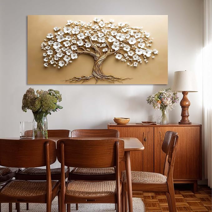 Ggaafet White FLower Tree Wall Art for Living Room Canvas Oil Painting Prints Beautiful Floral Blooming Art Deco Modern Artwork Office Bedroom Family Dining Room Decor Large