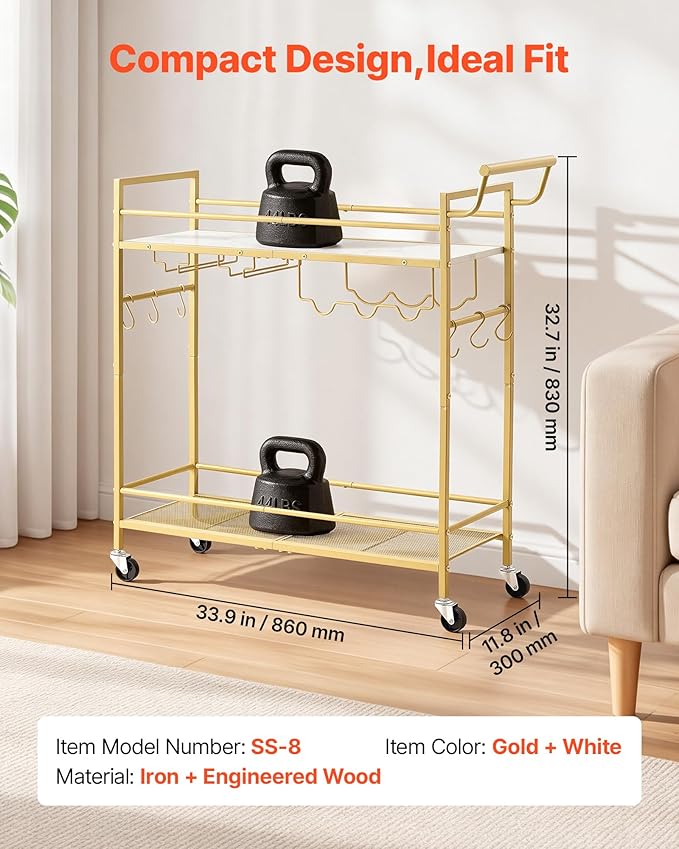 VEVOR Bar Cart, 2 Tiers Home Kitchen Serving Carts, Modern Rolling Utility Station on Wheel, Mobile Drink Beverage Trolley with Wooden & Mesh Shelf, Wine Rack, Glass Holder, 33.86x11.81x32.68 in, Gold