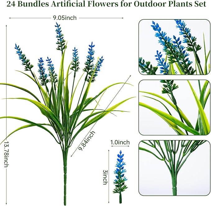 Nigirior Artificial Flowers for Outdoor Plants 24 Bundles Fake Lavender Plastic Faux Monkey Grass for Verandah Window Garden Office Patio Front Porch UV Resistant for Planter(Blue)