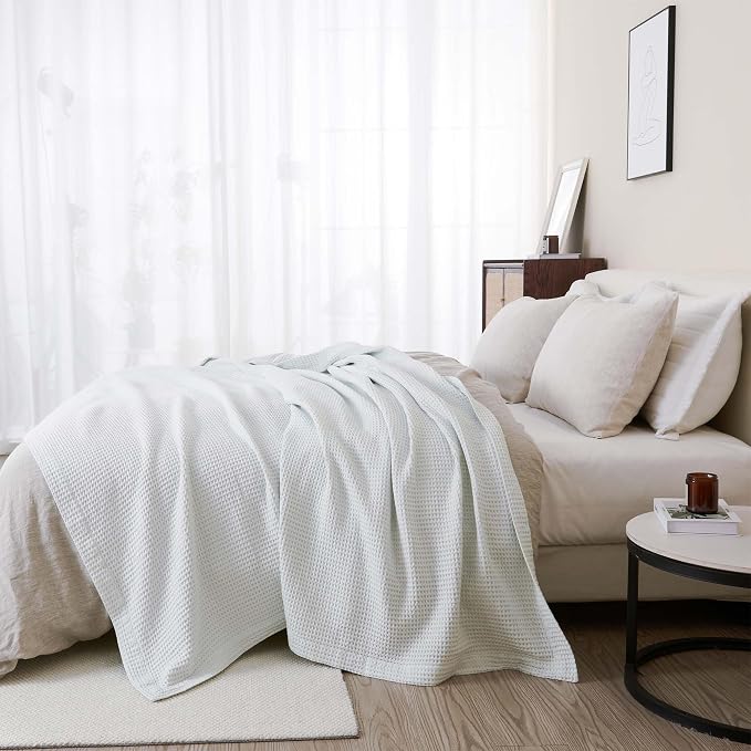 100% Cotton Blue Blanket King Size for Bed - Breathable and Soft, Waffle Weave for Summer Spring, 102x90 Inches (Pale Blue)