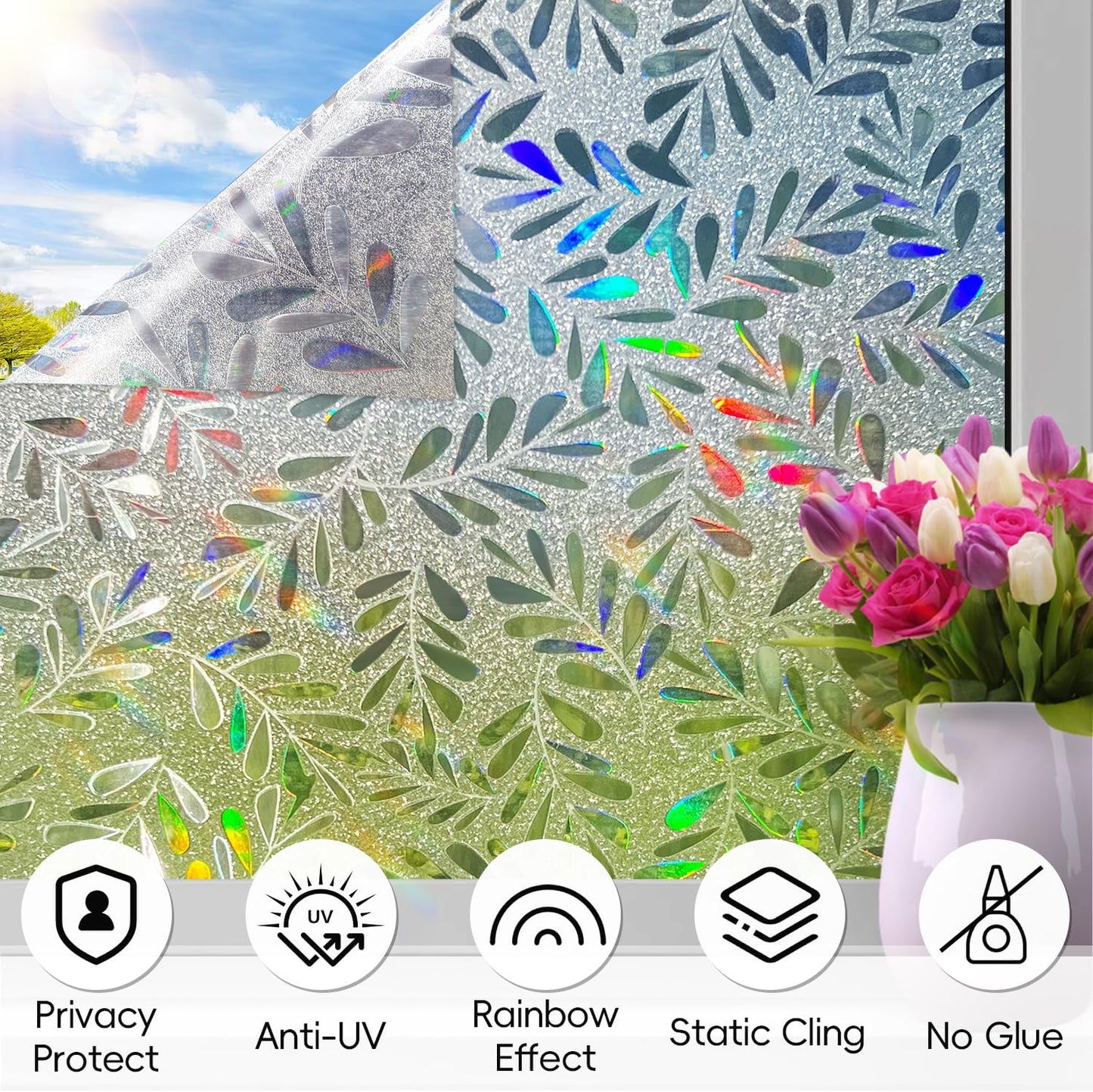 DUOFIRE Window Privacy Film Rainbow Window Film Decorative Leaves Pattern Window Cling Frosted Reusable Anti-UV Non-Adhesive Static Cling Privacy Film for Home Office 23.6 × 78.7 inches