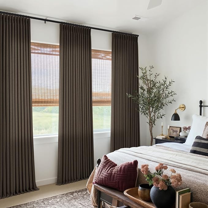 Extra Long 112 Inch Pinch Pleated Sheer Curtains 2 Panels Set with Hooks Rings for Living Room Bedroom, Chocolate Brown Memory Shape Linen Light Filtering Privacy Luxury Windows Curtain Drapes