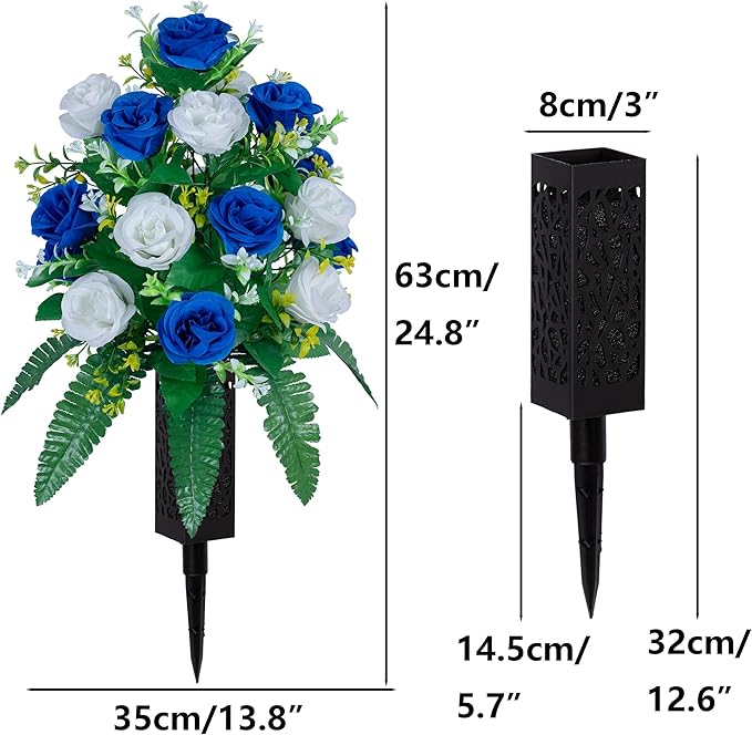 DONODA 2 Sets Artificial Cemetery Flowers， Outdoor Grave Decorations Roses，Accompanied by 2 Long Nail Vases。Lasting and Non-Bleed Colors. (18 Heads (Dark Blue+White))