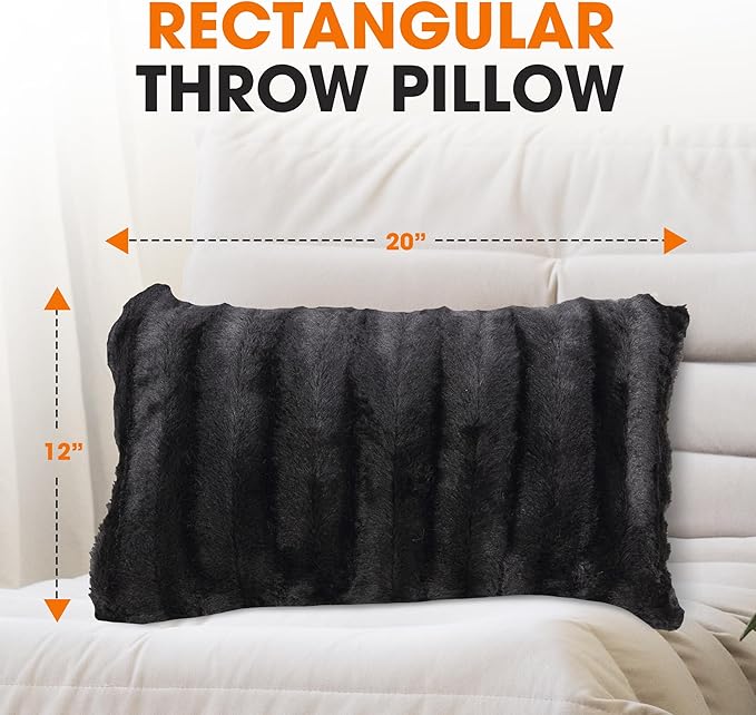 Cheer Collection Faux Fur Throw Pillows - Decorative Pillows for Couch, Bed Throw Pillows, Black Accent Pillows for Bedroom or Living Room Aesthetic, Set of 2 Furry Throw Pillows, 12" x 20"