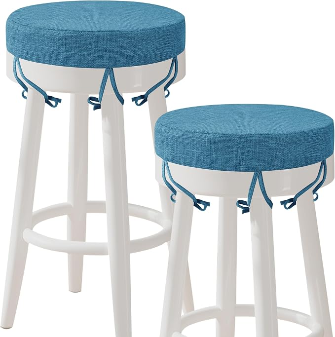 AddGrace Round Bar Stool Cushions with Ties Set of 2 Non Slip Seat Cushions 12x12 Inch Washable Chair Pads Removable Washable Cover Blue