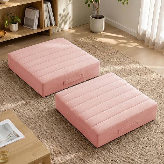 JKMAX 2 Pcs High Density Foam Floor Pillow - Upgraded Large Pillows Seating for Adults - Outdoor Floor Cushion with Soft Tufted Cover - Yoga Pillows for Sitting On Floor - 22 Inch Pink