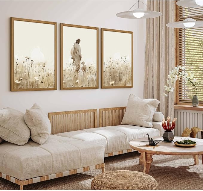 Jesus Leaves the 99 Sheep Wall Art Christian Canvas Poster Jesus and Lamb Wall Decor Religious Pictures Lost Sheep Painting God Christ Painting Artwork for Bedroom Living Room 12x16x3 Inch Wood Framed