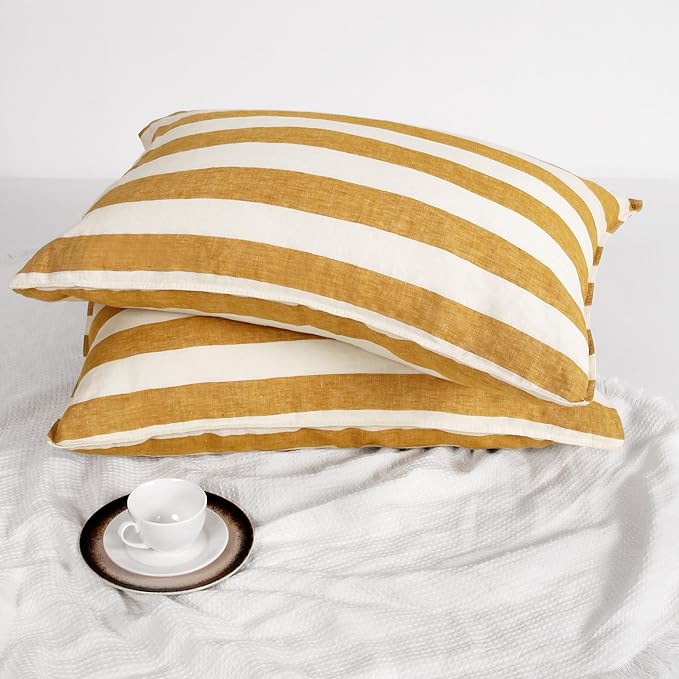 Striped Linen Pillow Cases Set of 2,20"x40" King Size,100% French Natural Flax Soft Linen Pillowcases,Yellow Stripe