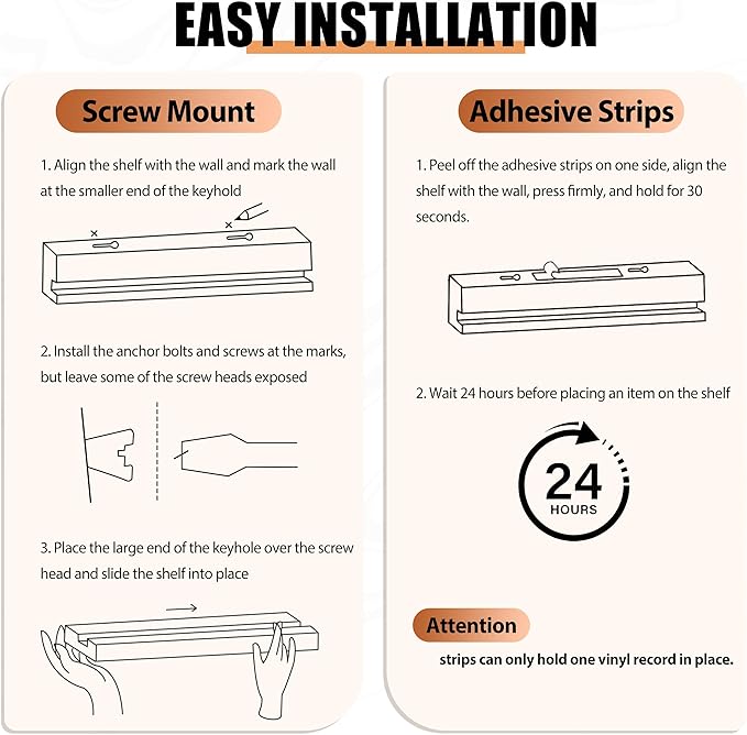 Vinyl Wall Mount No Drill with 2 Mount Options(Adhesive & Screws), 6 Pack Solid Walnut Wood Record Display No Screws, Record Shelves for Wall, Album Magazine, Record Shelf, Vinyl Holder Wall