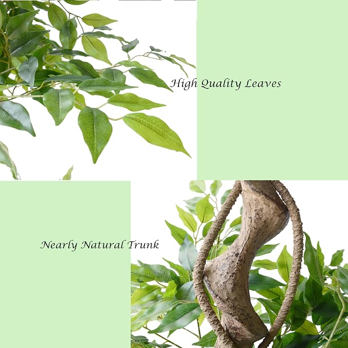 6ft Artificial Ficus Tree, 72" Tall Fake Plant with Natural Curved Trunk, Faux Ficus Floor Plants for Home Living Room Office Garden Balcony Decor Indoor